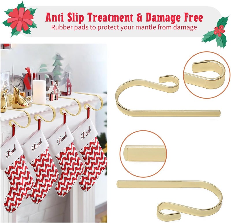 Klurent Christmas Stocking Holders for Mantle Set of 4, Lightweight Adjustable Christmas Stocking Holder Hooks Metal Fireplace Hanger for Christmas Party Decoration, Non-Slip Mantle Stocking Hooks(Gold) - Image 4